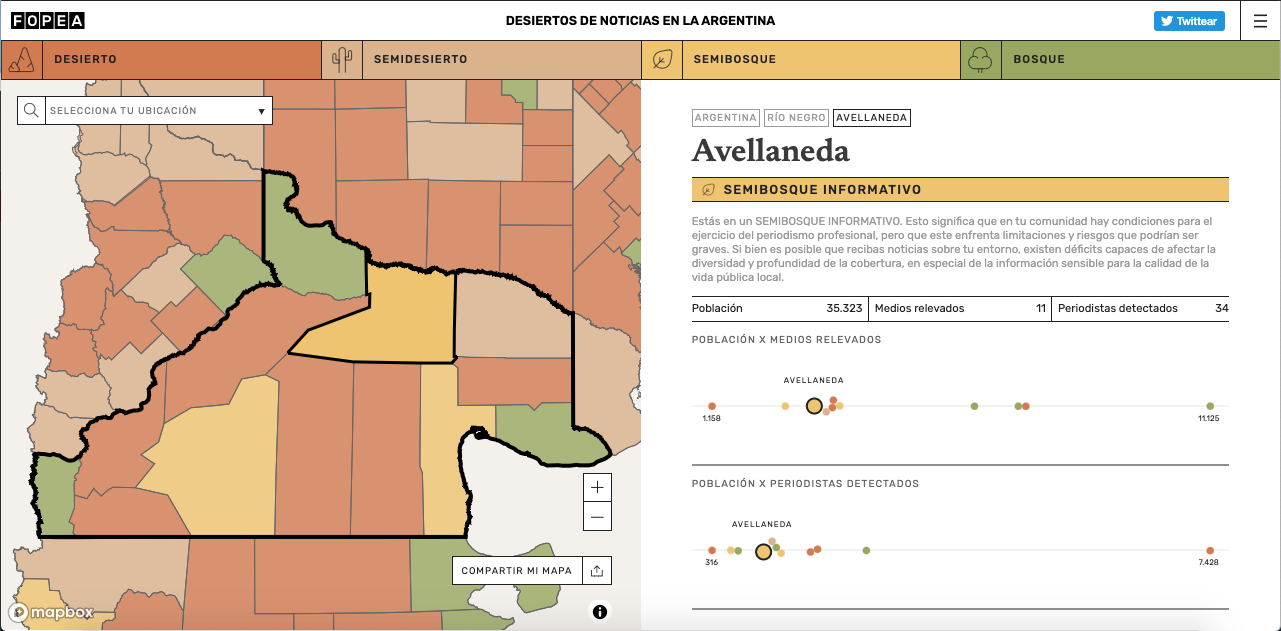 A screenshot of the dashboard of 'Informative Deserts of Argentina', showing a map of Argentina, centered in a department of Rio Negro province.