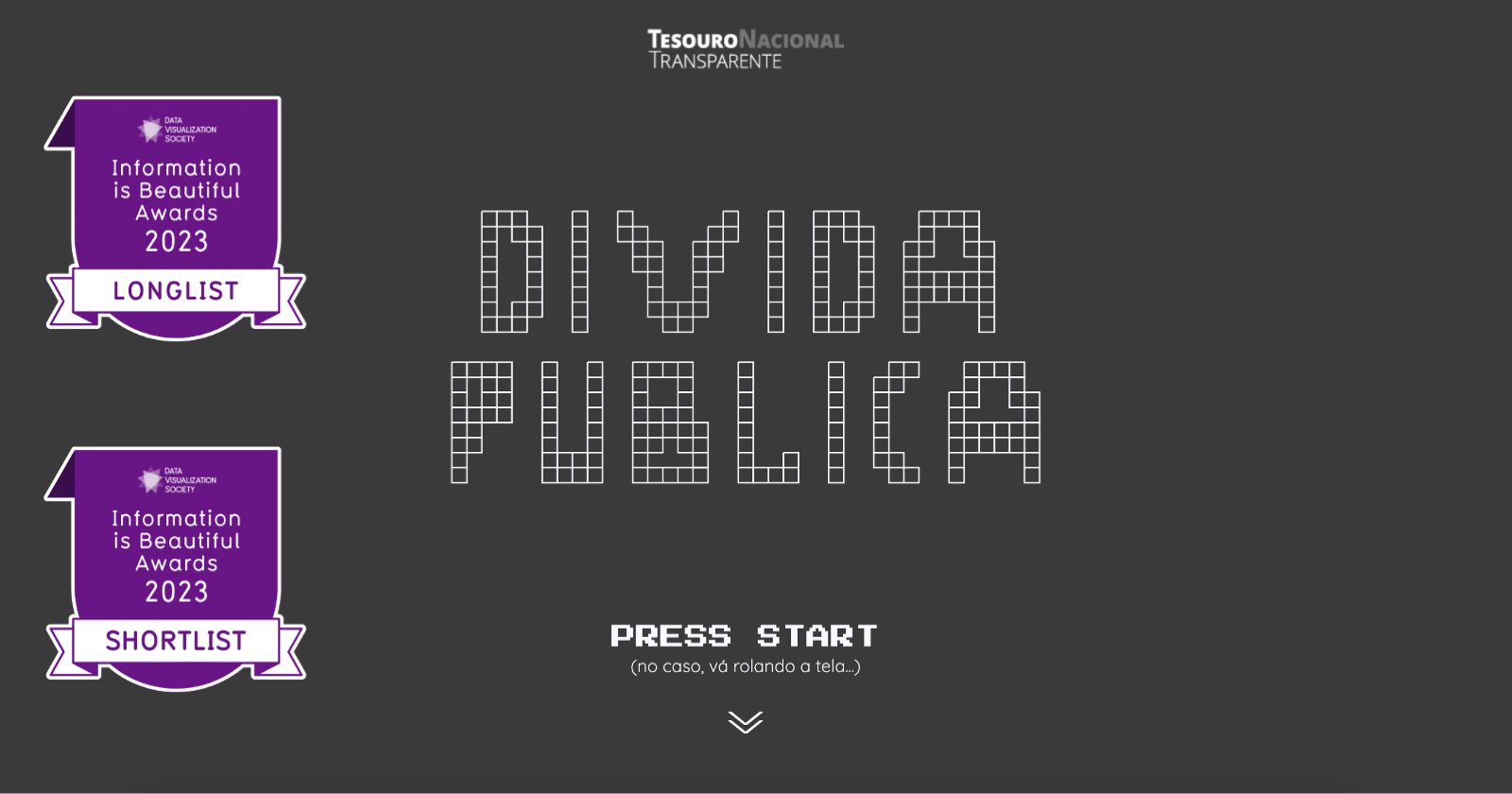 A snapshot of the project's opening screen, with the text 'Public Debt' written with letters made out of Tetris blocks, with the Information is Beautiful Awards badges (longlist and shortlist) on top of the image.